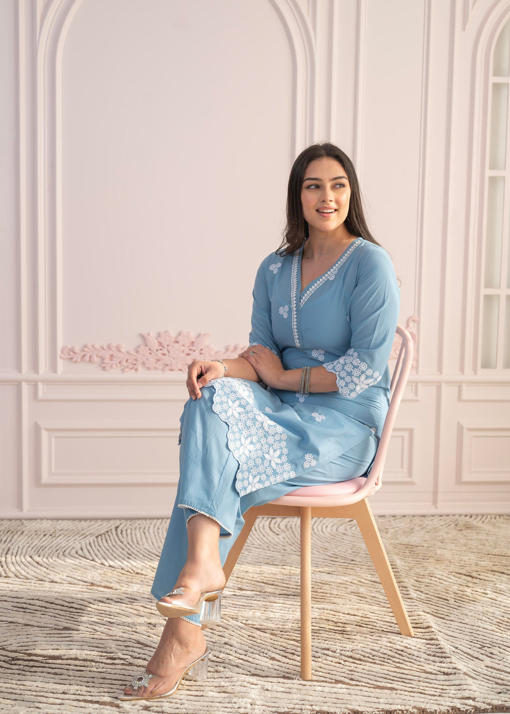 Juniper Powder Blue Embroidered Cotton Kurta With Palazzo & Lace Work | Grocsy