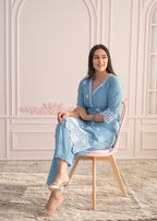 Juniper Powder Blue Embroidered Cotton Kurta With Palazzo & Lace Work | Grocsy