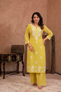 Juniper Lime Yellow Floral Embroidered Cotton Slub Kurta with Palazzo | Grocsy