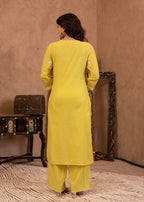 Juniper Lime Yellow Floral Embroidered Cotton Slub Kurta with Palazzo | Grocsy