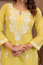Juniper Lime Yellow Floral Embroidered Cotton Slub Kurta with Palazzo | Grocsy