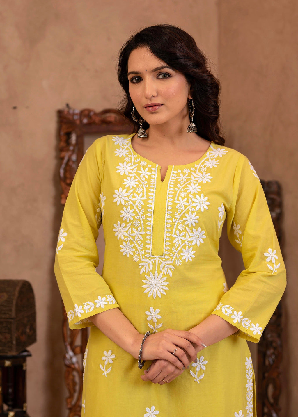Juniper Lime Yellow Floral Embroidered Cotton Slub Kurta with Palazzo | Grocsy