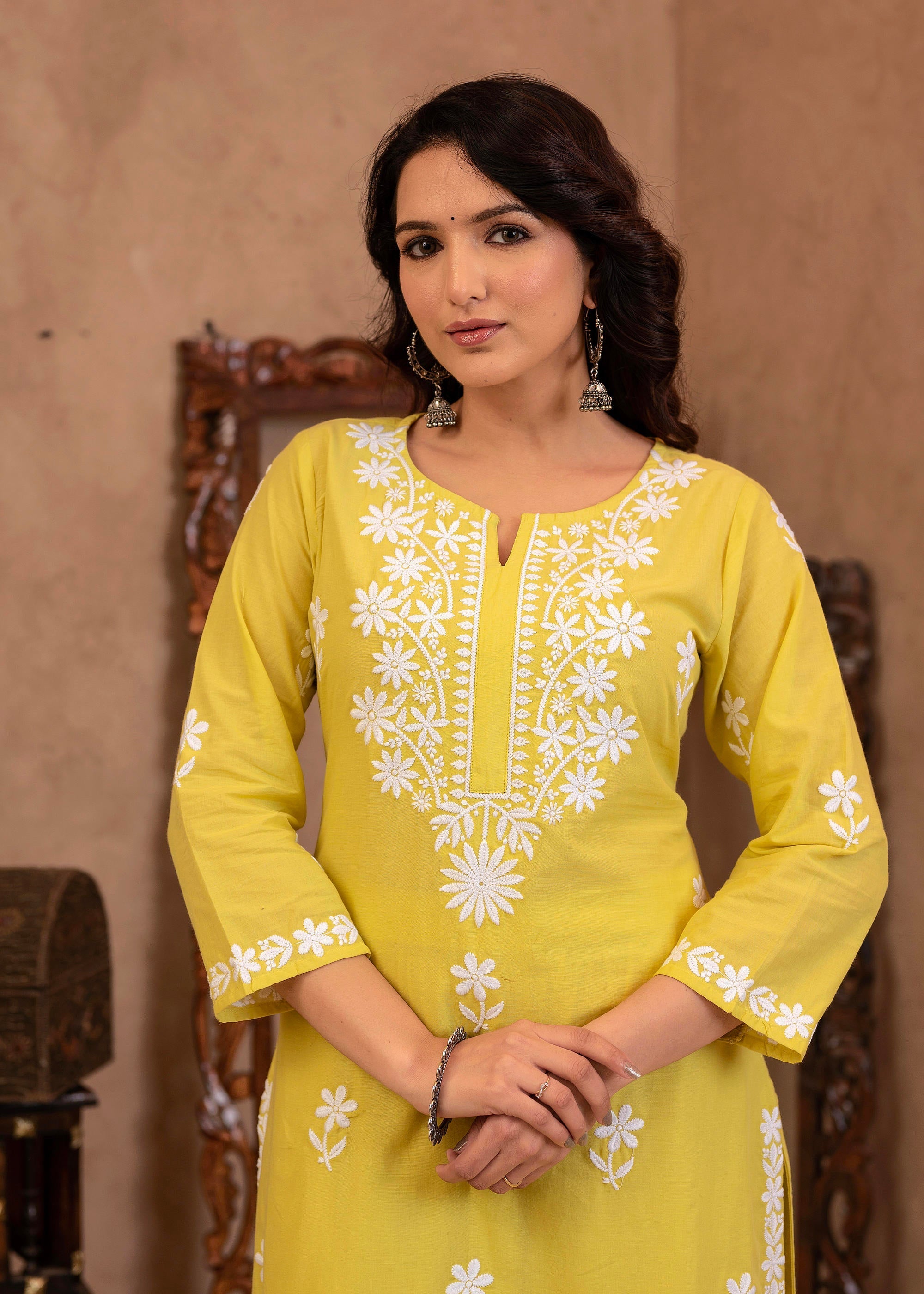 Juniper Lime Yellow Floral Embroidered Cotton Slub Kurta with Palazzo | Grocsy