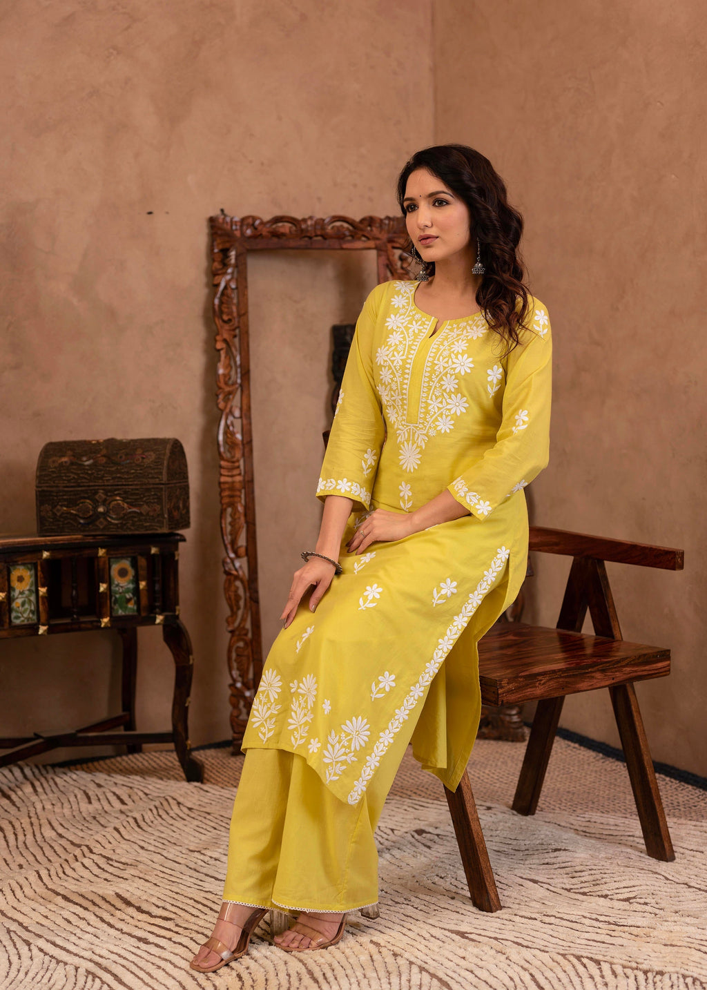 Juniper Lime Yellow Floral Embroidered Cotton Slub Kurta with Palazzo | Grocsy