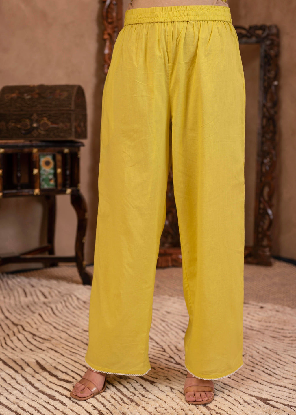 Juniper Lime Yellow Floral Embroidered Cotton Slub Kurta with Palazzo | Grocsy
