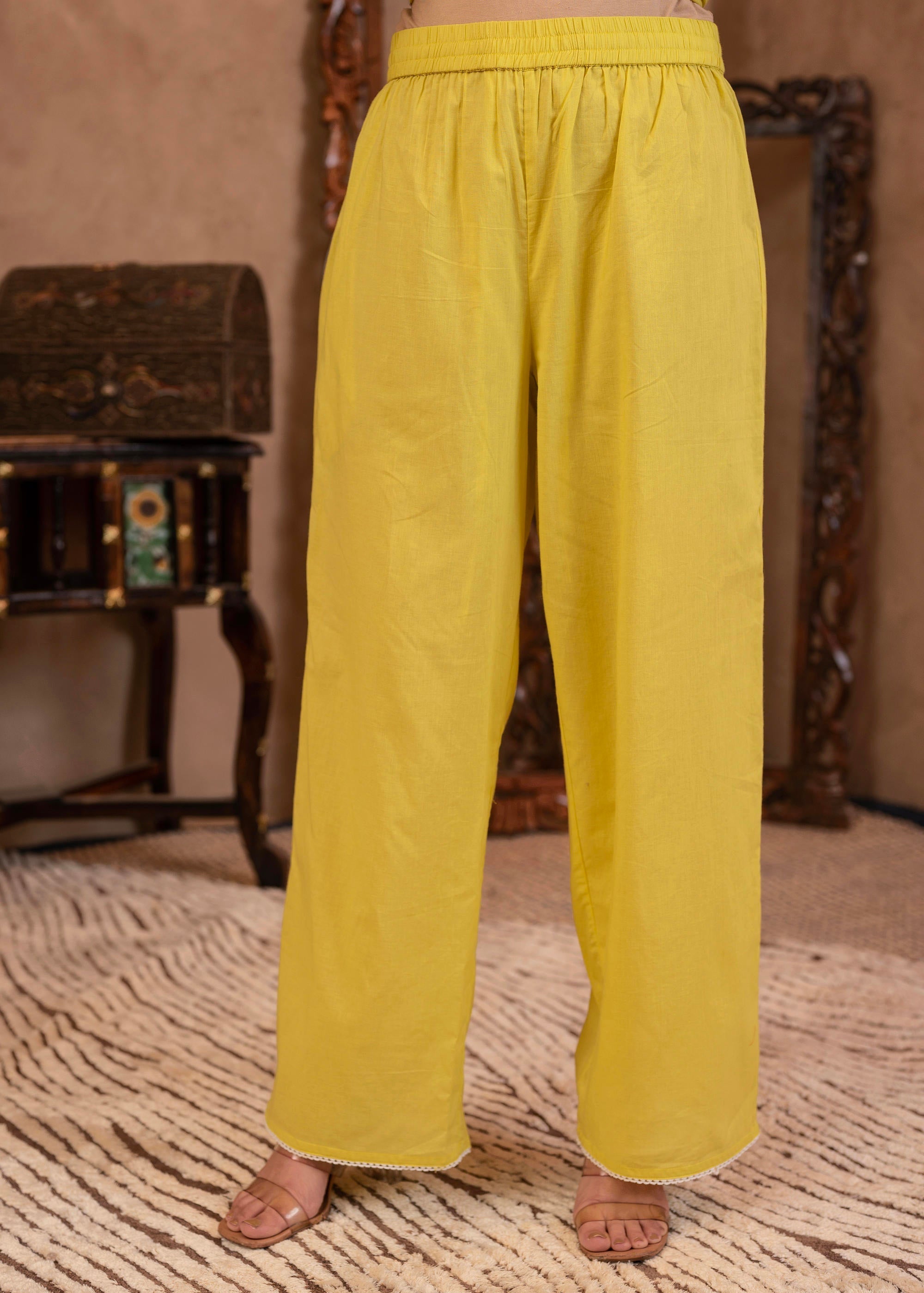 Juniper Lime Yellow Floral Embroidered Cotton Slub Kurta with Palazzo | Grocsy