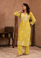 Juniper Lime Yellow Floral Embroidered Cotton Slub Kurta with Palazzo | Grocsy