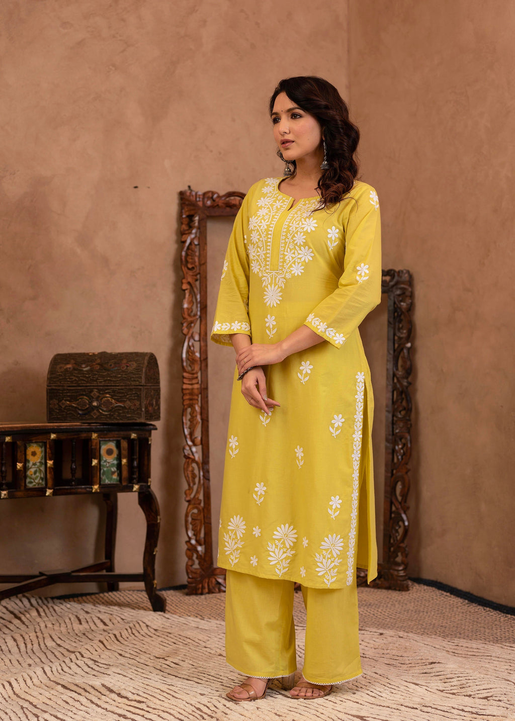 Juniper Lime Yellow Floral Embroidered Cotton Slub Kurta with Palazzo | Grocsy