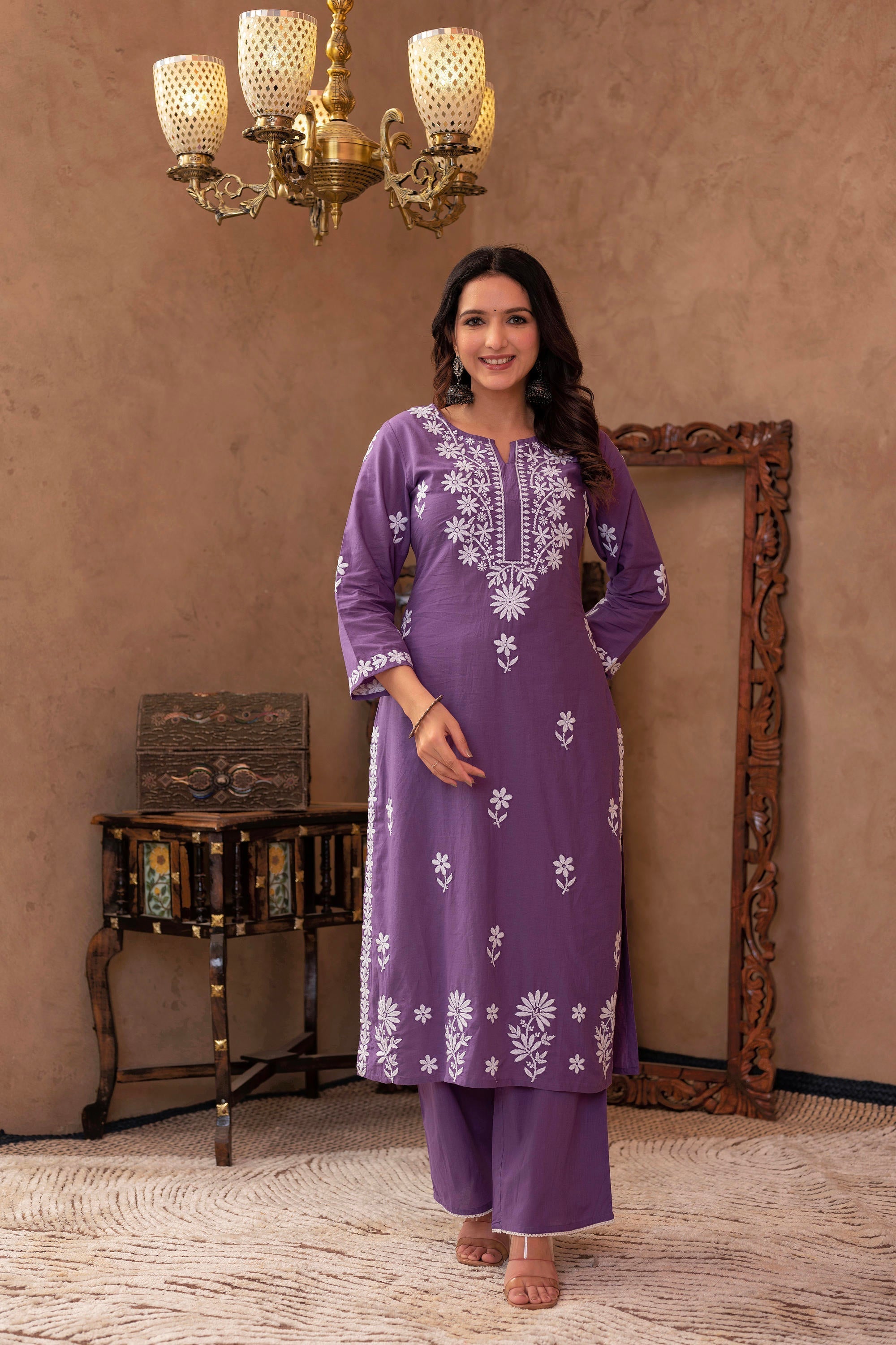 Juniper Purple Embroidered Cotton Kurta with Palazzo | Grocsy