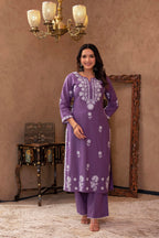 Juniper Purple Embroidered Cotton Kurta With Palazzo | Grocsy