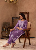 Juniper Purple Embroidered Cotton Kurta with Palazzo | Grocsy