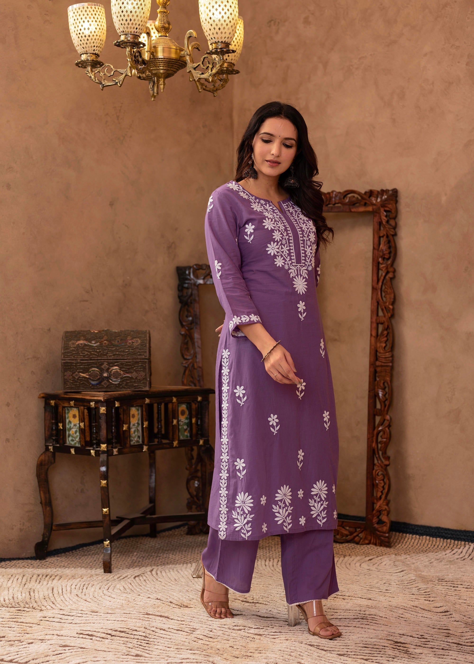 Juniper Purple Embroidered Cotton Kurta with Palazzo | Grocsy