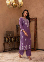 Juniper Purple Embroidered Cotton Kurta With Palazzo | Grocsy