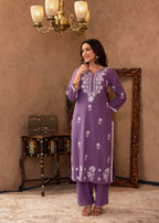 Juniper Purple Embroidered Cotton Kurta with Palazzo | Grocsy