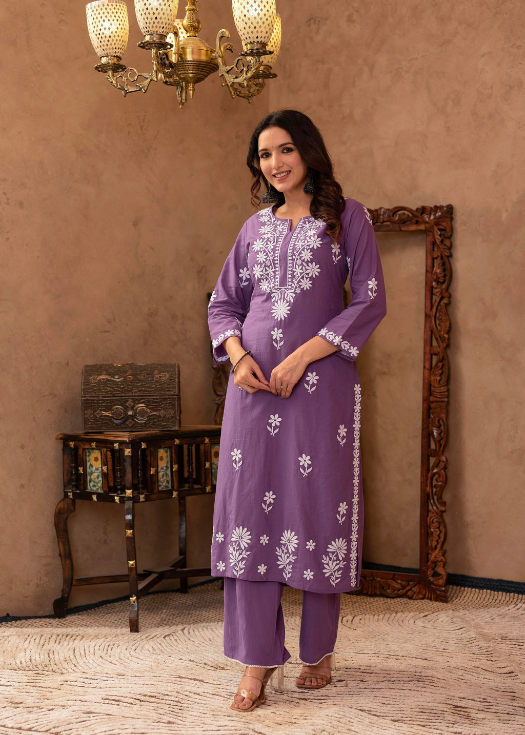 Juniper Purple Embroidered Cotton Kurta with Palazzo | Grocsy