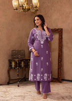 Juniper Purple Embroidered Cotton Kurta with Palazzo | Grocsy