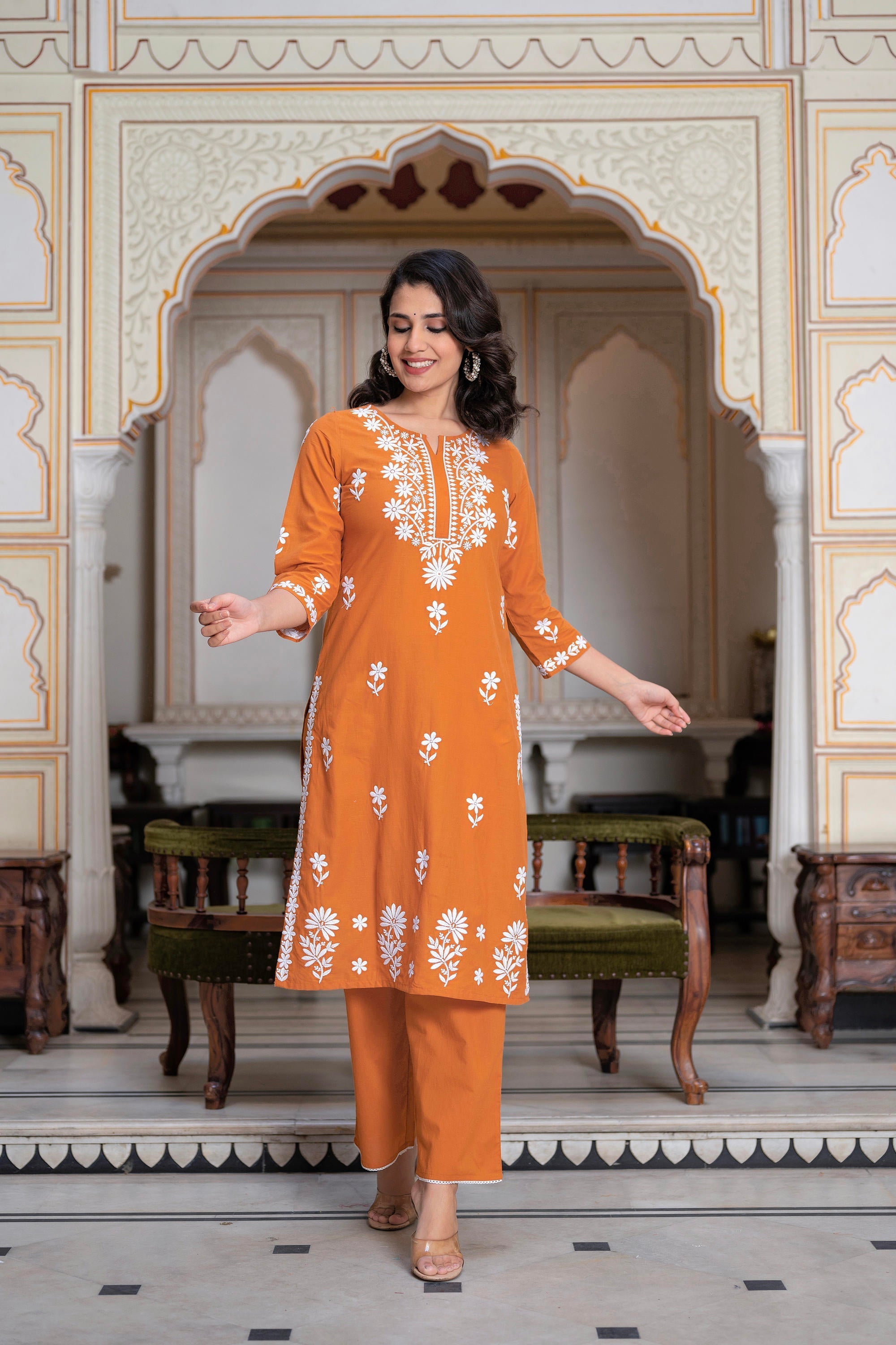 Juniper Rust Embroidered Cotton Kurta with Palazzo | Grocsy
