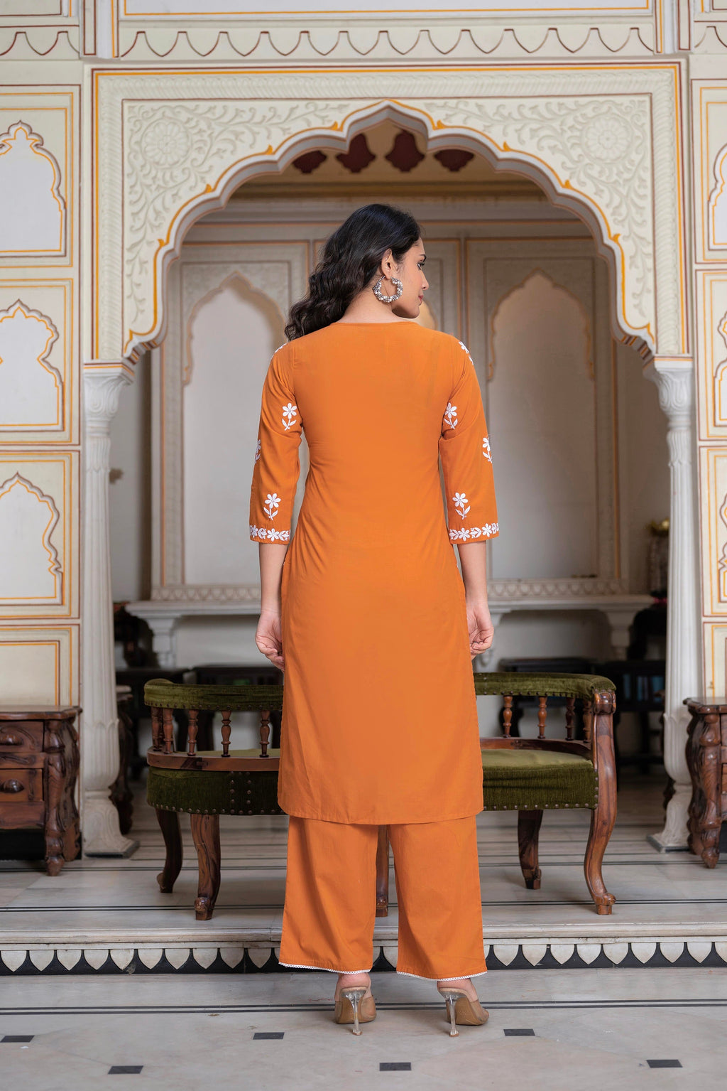 Juniper Rust Embroidered Cotton Kurta with Palazzo | Grocsy