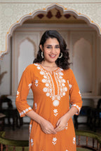 Juniper Rust Embroidered Cotton Kurta with Palazzo | Grocsy