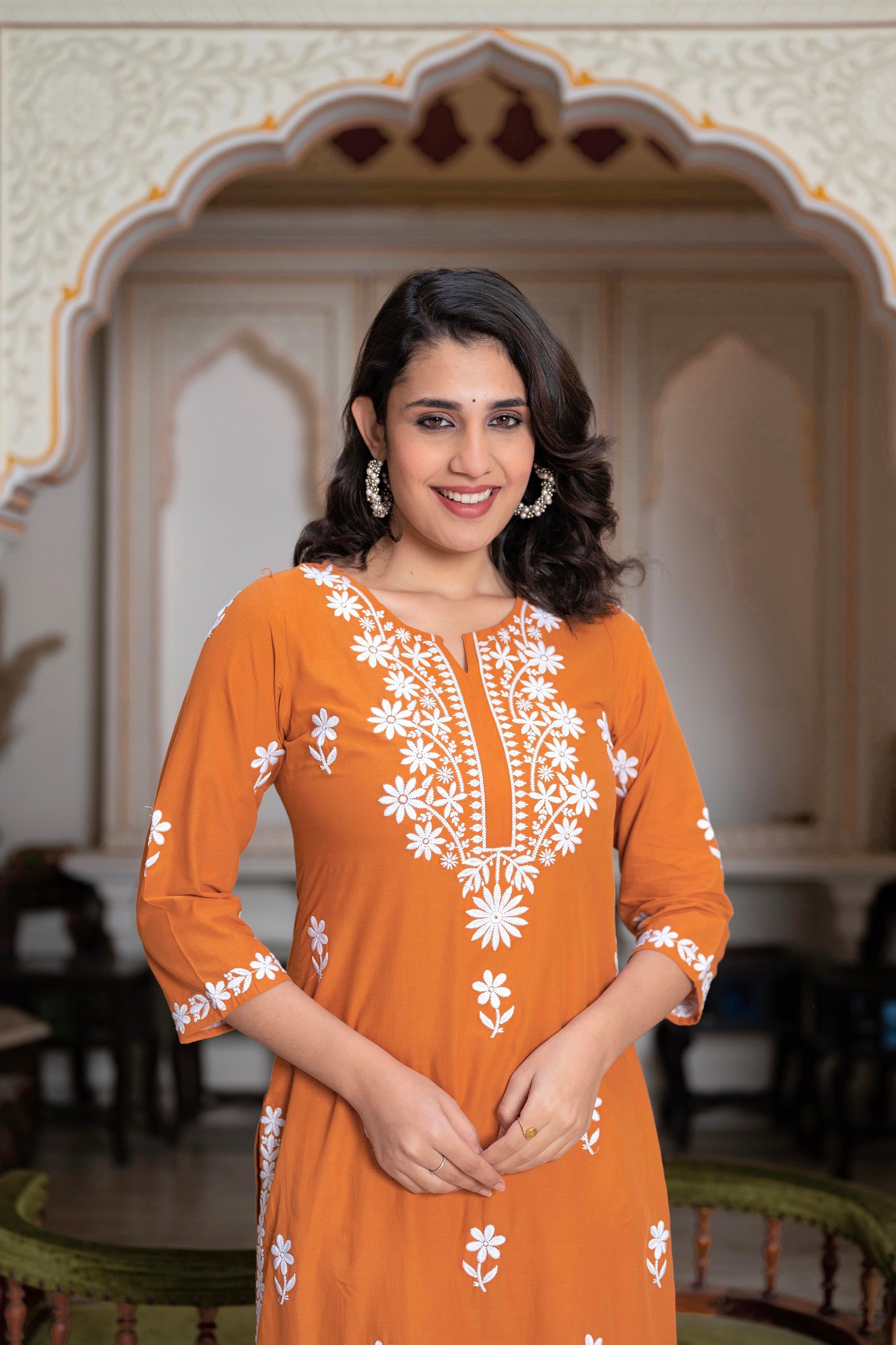 Juniper Rust Embroidered Cotton Kurta with Palazzo | Grocsy