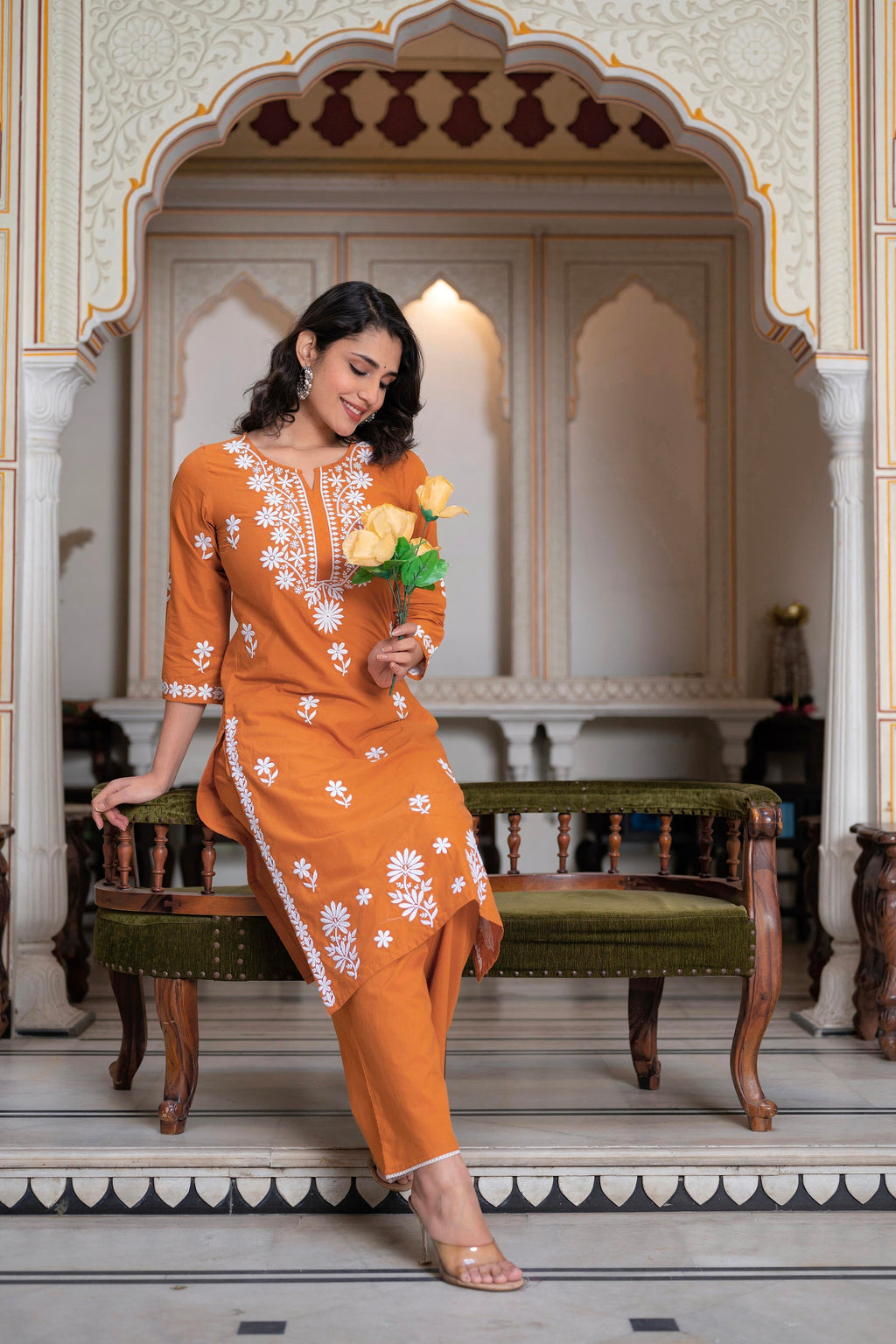 Juniper Rust Embroidered Cotton Kurta with Palazzo | Grocsy