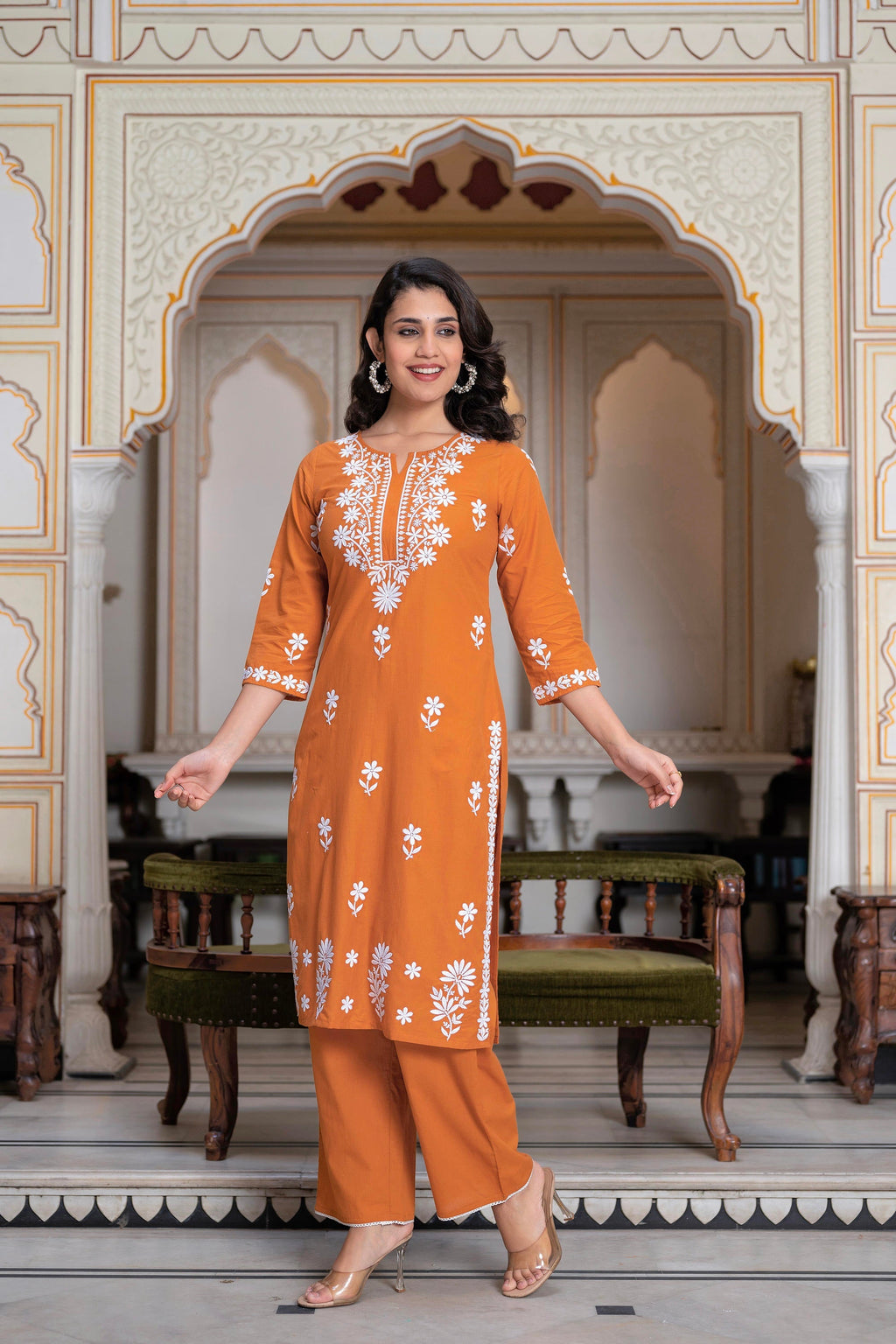 Juniper Rust Embroidered Cotton Kurta with Palazzo | Grocsy