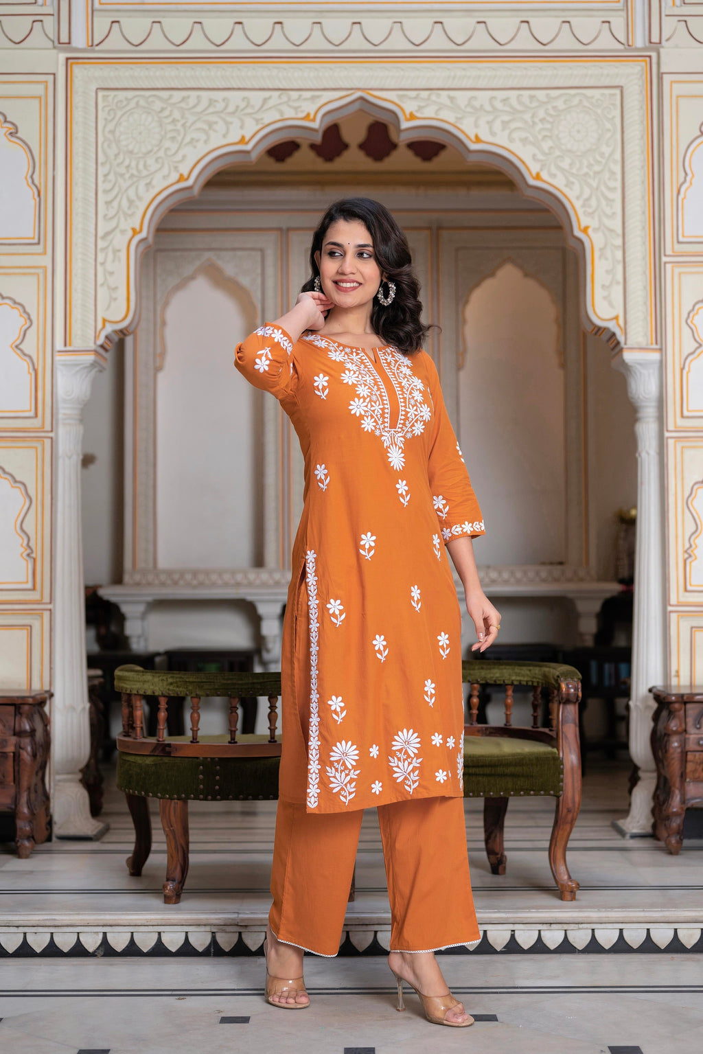 Juniper Rust Embroidered Cotton Kurta with Palazzo | Grocsy