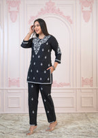 Juniper Black Cotton Embroidered Kurta-Pant Set with Thread Work & Buttons | Grocsy