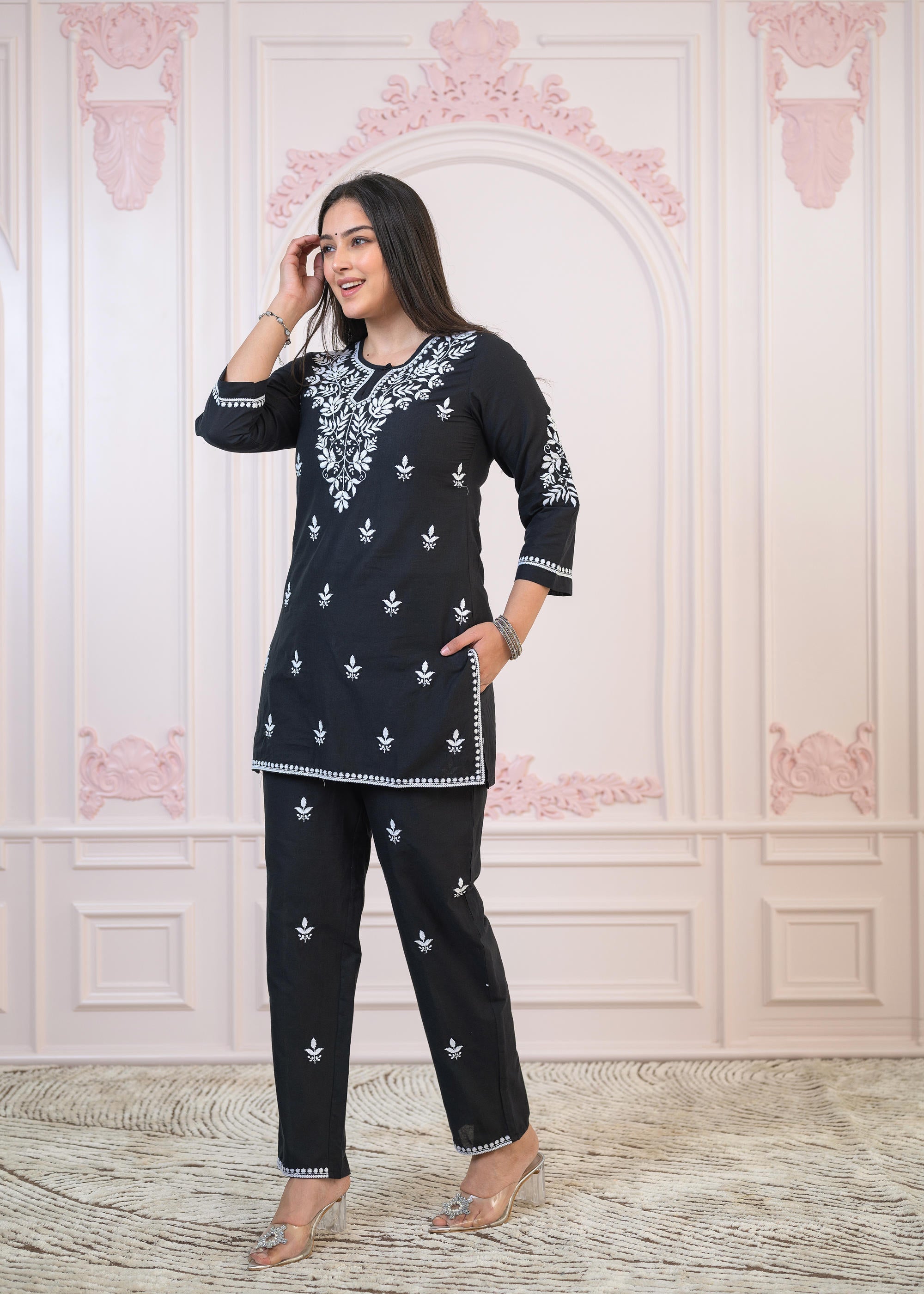 Juniper Black Cotton Embroidered Kurta-Pant Set with Thread Work & Buttons | Grocsy