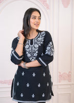 Juniper Black Cotton Embroidered Kurta-Pant Set with Thread Work & Buttons | Grocsy