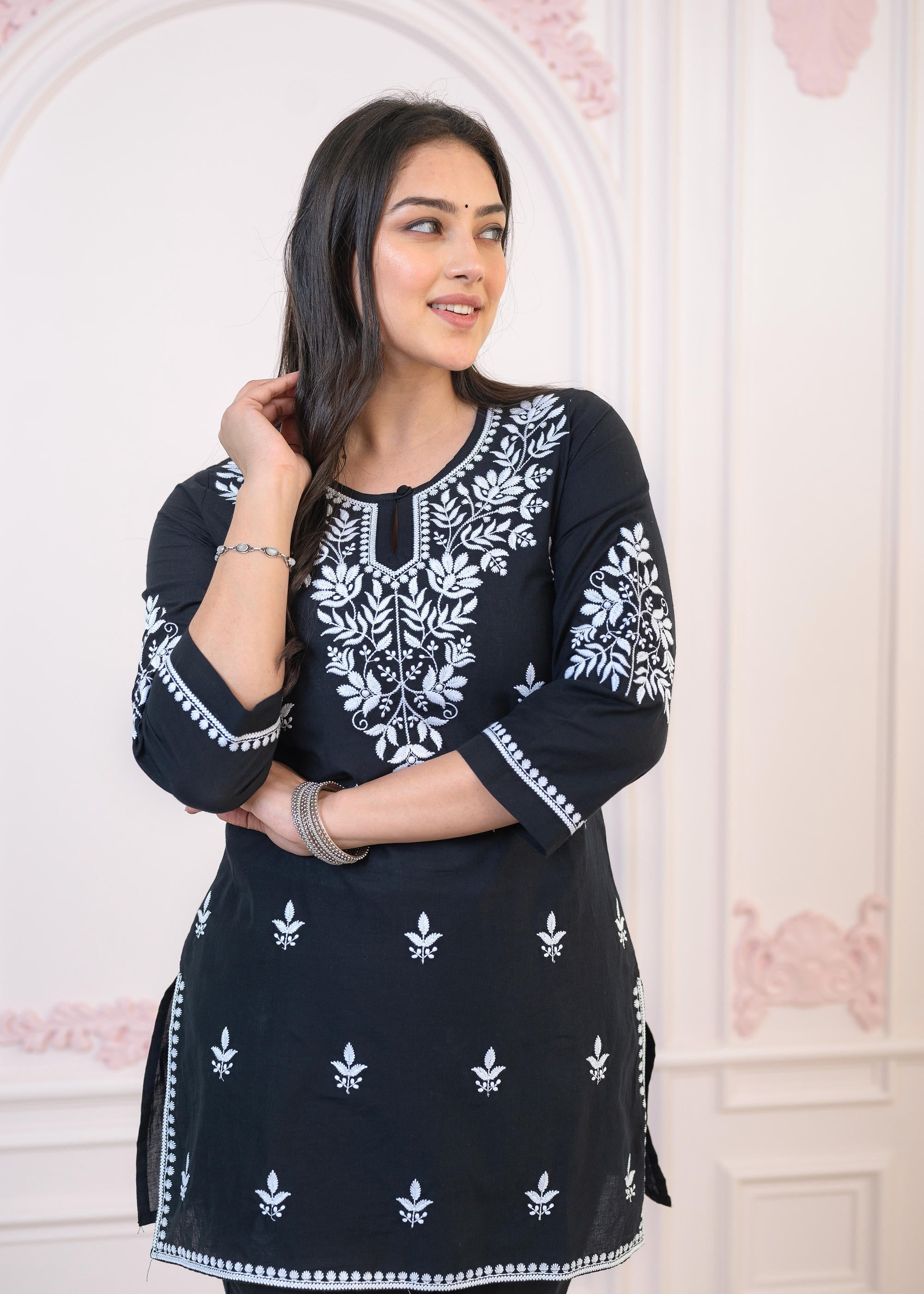 Juniper Black Cotton Embroidered Kurta-Pant Set with Thread Work & Buttons | Grocsy