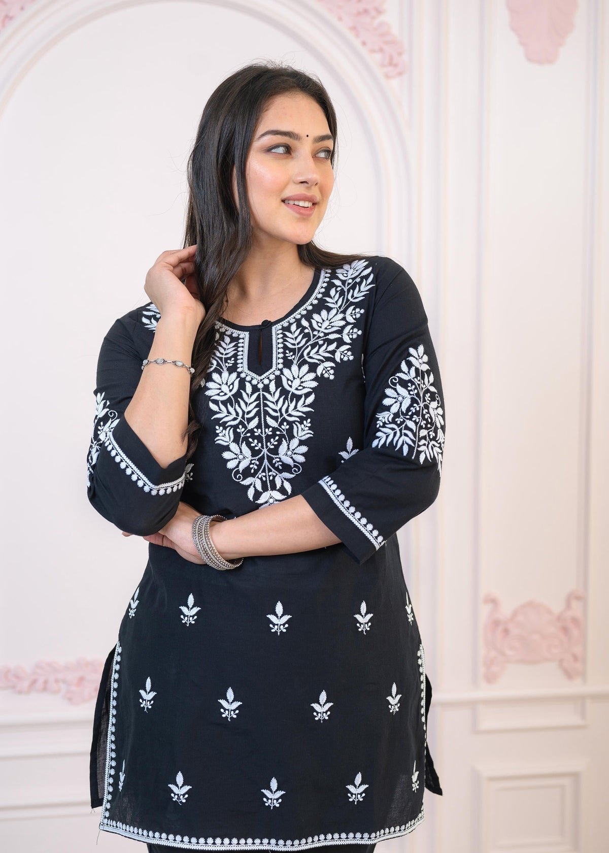 Juniper Black Cotton Embroidered Kurta-Pant Set With Thread Work & Buttons | Grocsy