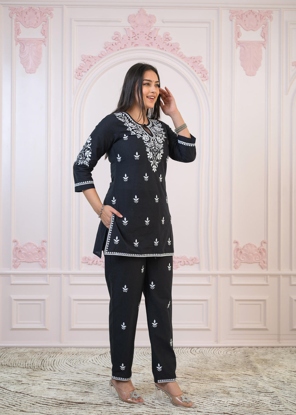 Juniper Black Cotton Embroidered Kurta-Pant Set with Thread Work & Buttons | Grocsy