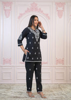 Juniper Black Cotton Embroidered Kurta-Pant Set with Thread Work & Buttons | Grocsy