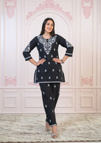 Juniper Black Cotton Embroidered Kurta-Pant Set with Thread Work & Buttons | Grocsy