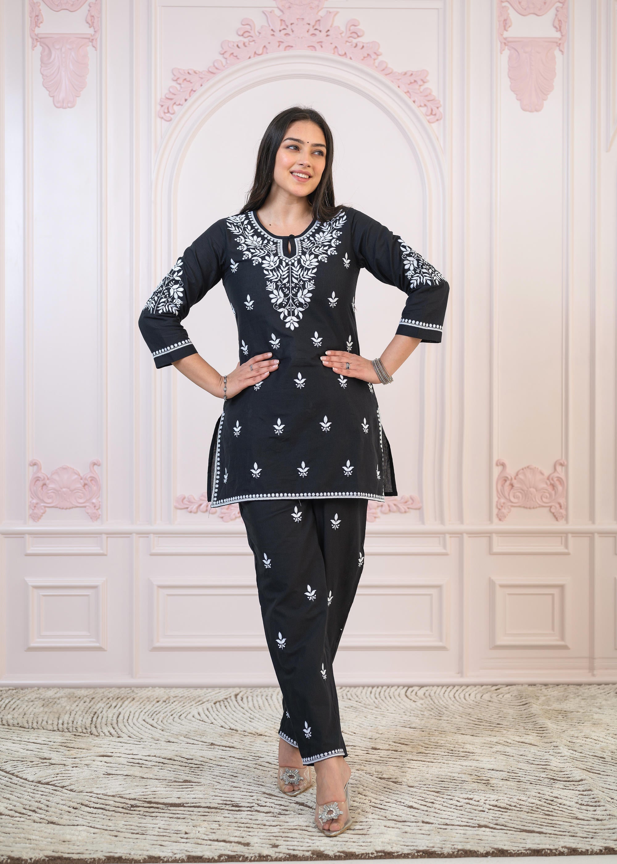 Juniper Black Cotton Embroidered Kurta-Pant Set with Thread Work & Buttons | Grocsy