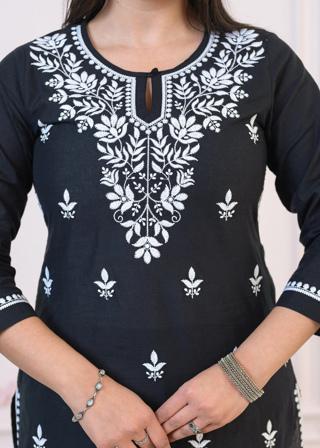 Juniper Black Cotton Embroidered Kurta-Pant Set with Thread Work & Buttons | Grocsy