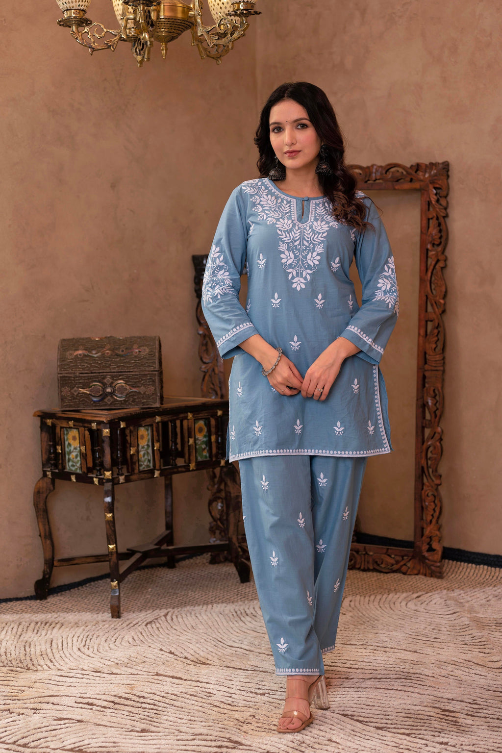 Juniper Blue Embroidered Cotton Slub Kurta With Pant & Button Details | Grocsy