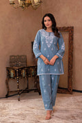 Juniper Blue Embroidered Cotton Slub Kurta With Pant & Button Details | Grocsy