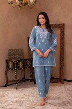 Juniper Blue Embroidered Cotton Slub Kurta With Pant & Button Details | Grocsy