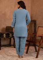 Juniper Blue Embroidered Cotton Slub Kurta With Pant & Button Details | Grocsy
