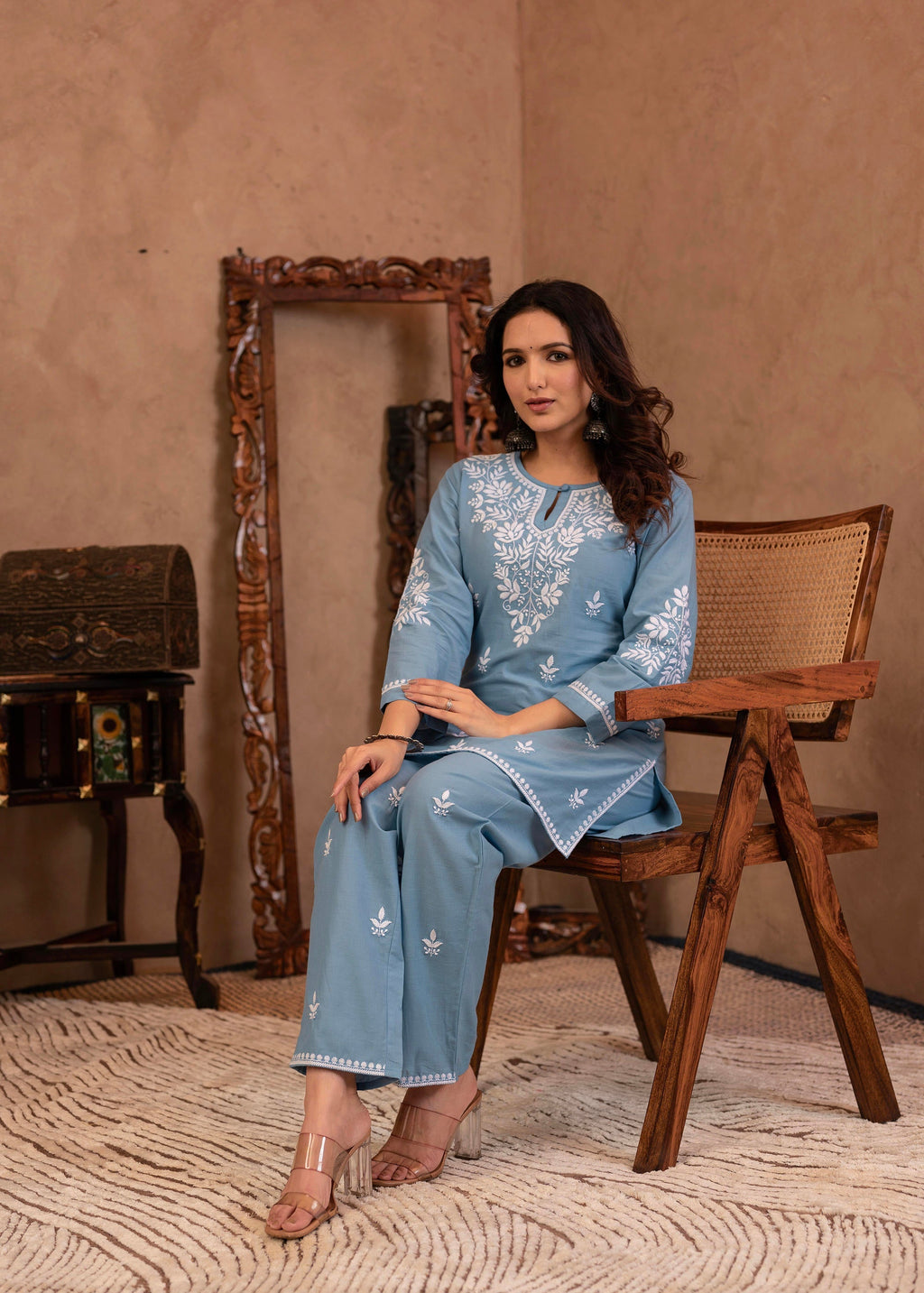 Juniper Blue Embroidered Cotton Slub Kurta With Pant & Button Details | Grocsy