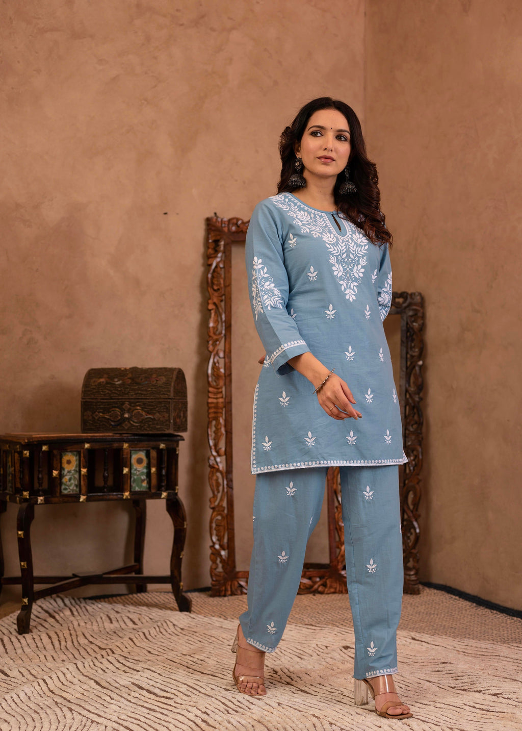 Juniper Blue Embroidered Cotton Slub Kurta With Pant & Button Details | Grocsy