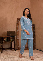 Juniper Blue Embroidered Cotton Slub Kurta With Pant & Button Details | Grocsy