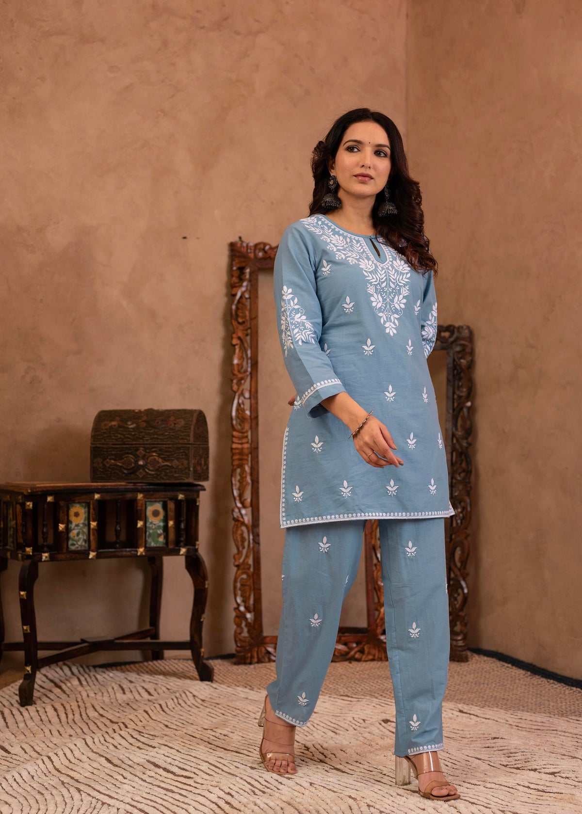 Juniper Blue Embroidered Cotton Slub Kurta With Pant & Button Details | Grocsy