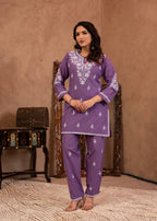 Juniper Lavender Serenity Thread Embroidered Kurta Set | Grocsy