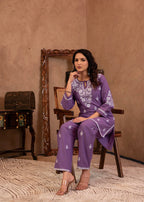 Juniper Lavender Serenity Thread Embroidered Kurta Set | Grocsy