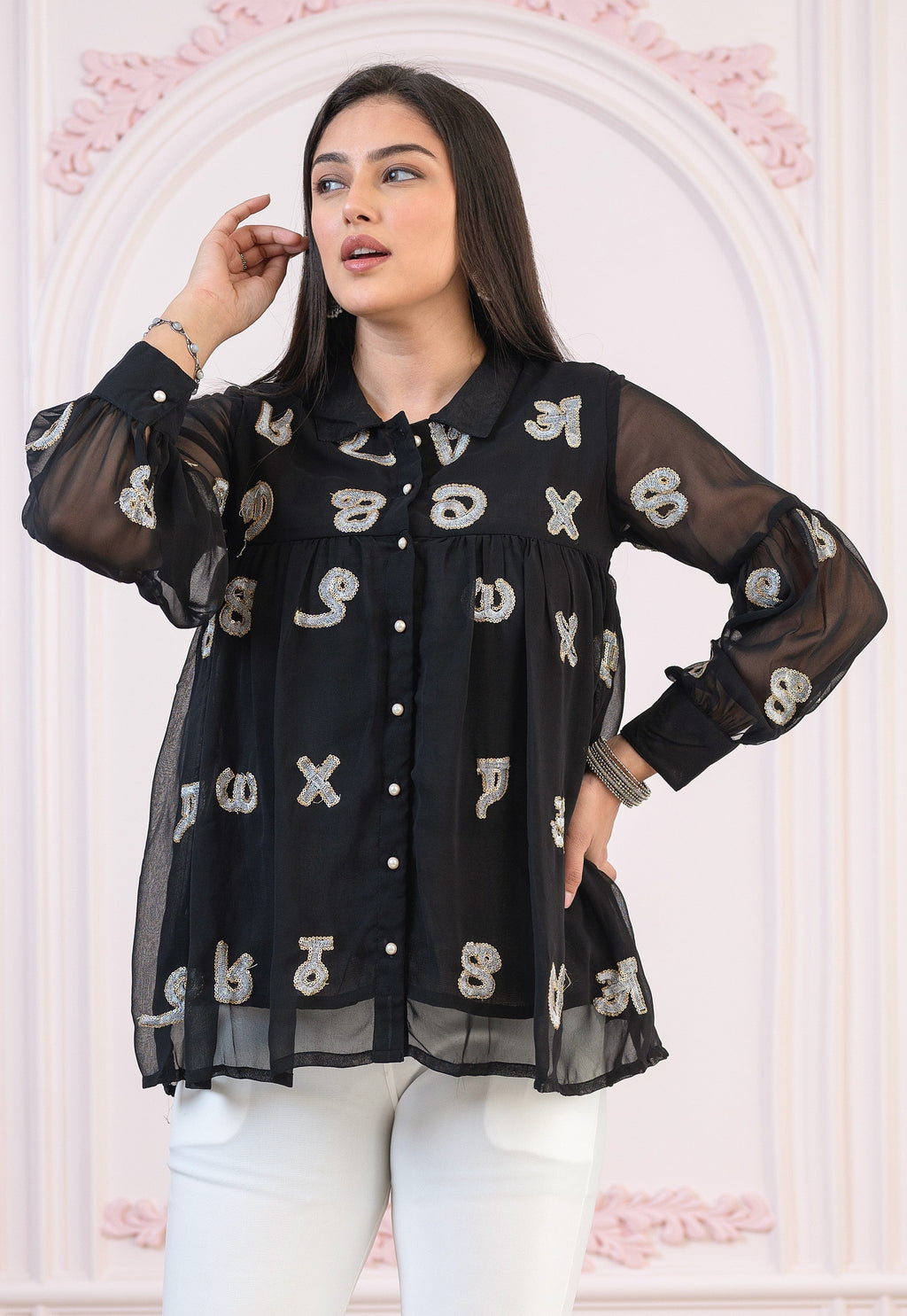 Juniper Black embroiderd and sequince tunic with buttons | Grocsy
