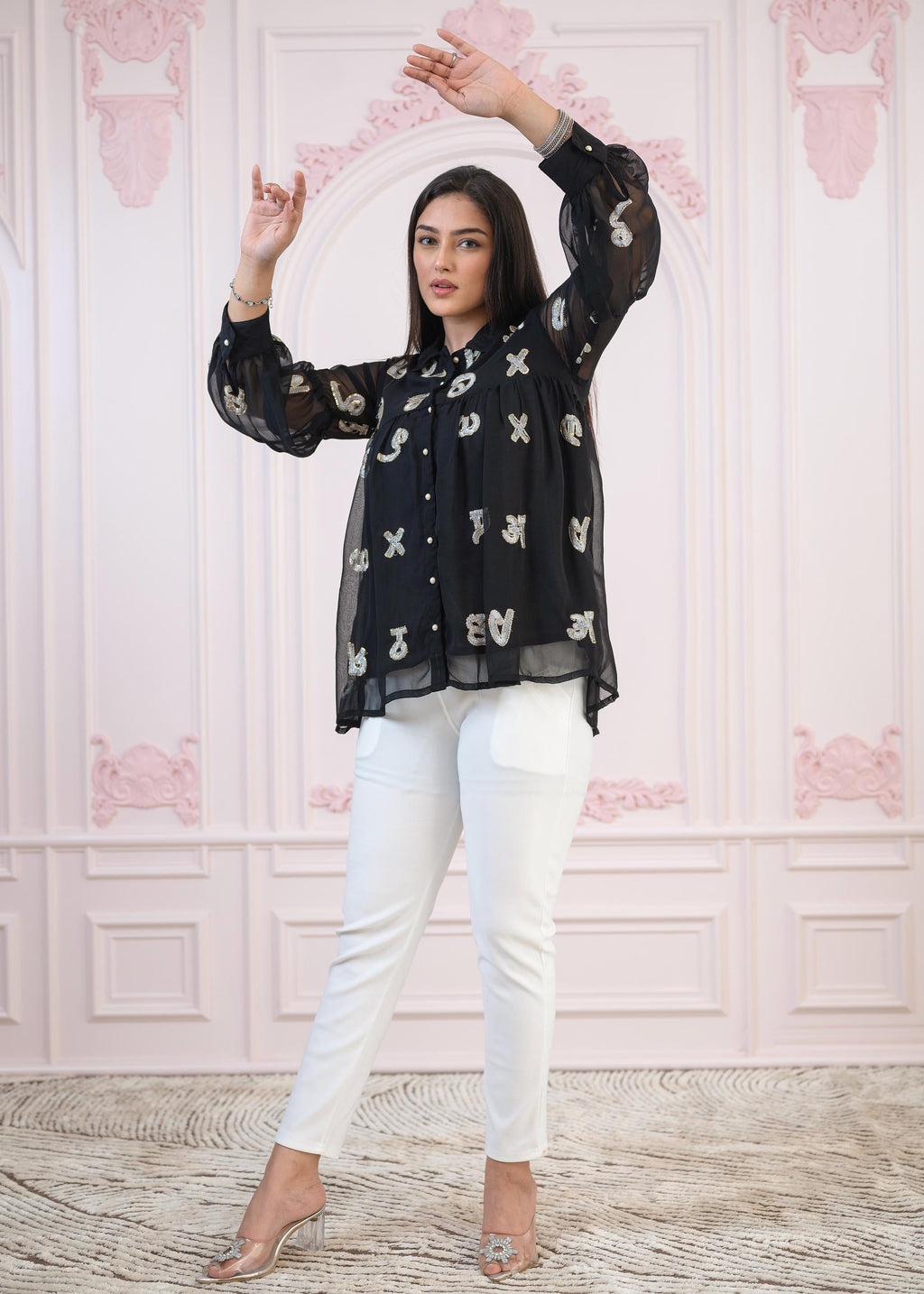 Juniper Black embroiderd and sequince tunic with buttons | Grocsy