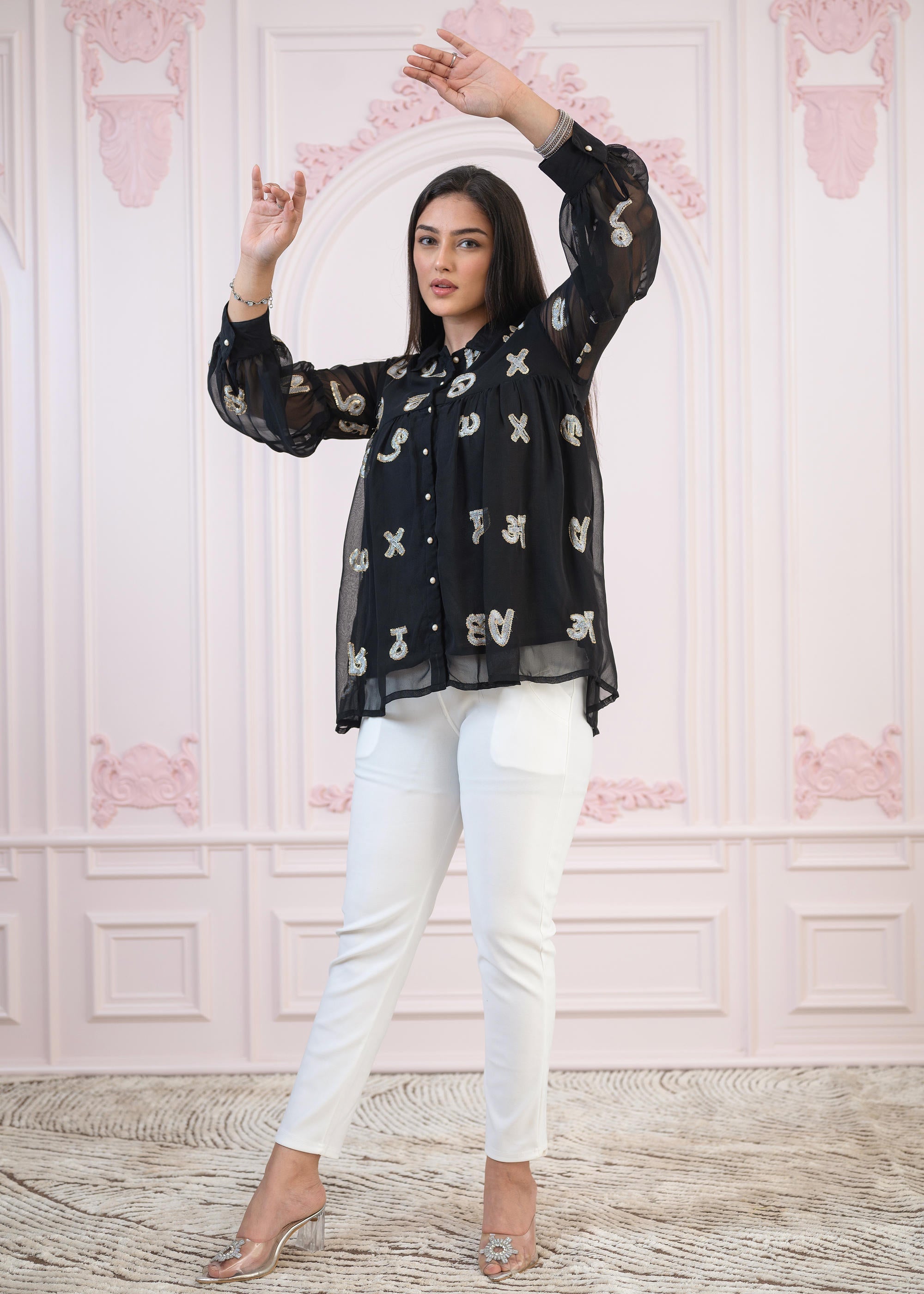 Juniper Black embroiderd and sequince tunic with buttons | Grocsy